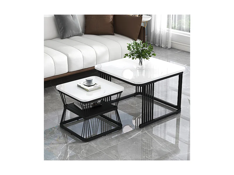 2er Set moderne Couchtische - 65 x 65 x 45 cm + 45 x 45 x 39 - Marmoroptik - MDF - weiß