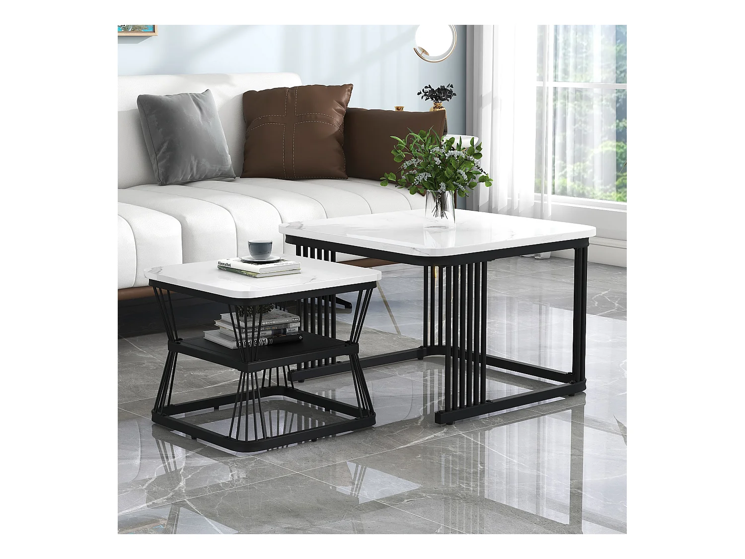 Zestaw 2 nowoczesnych stolików kawowych - 65 x 65 x 45 cm + 45 x 45 x 39 - wygląd marmuru - MDF - biały