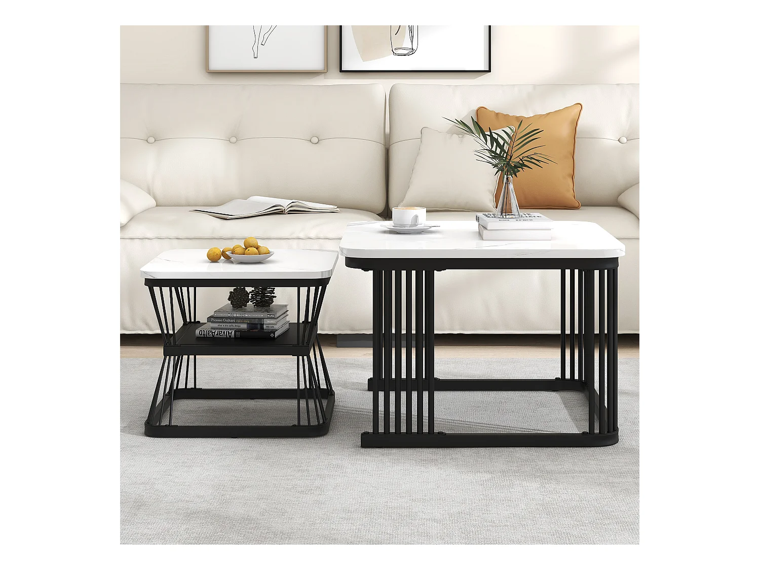 Zestaw 2 nowoczesnych stolików kawowych - 65 x 65 x 45 cm + 45 x 45 x 39 - wygląd marmuru - MDF - biały