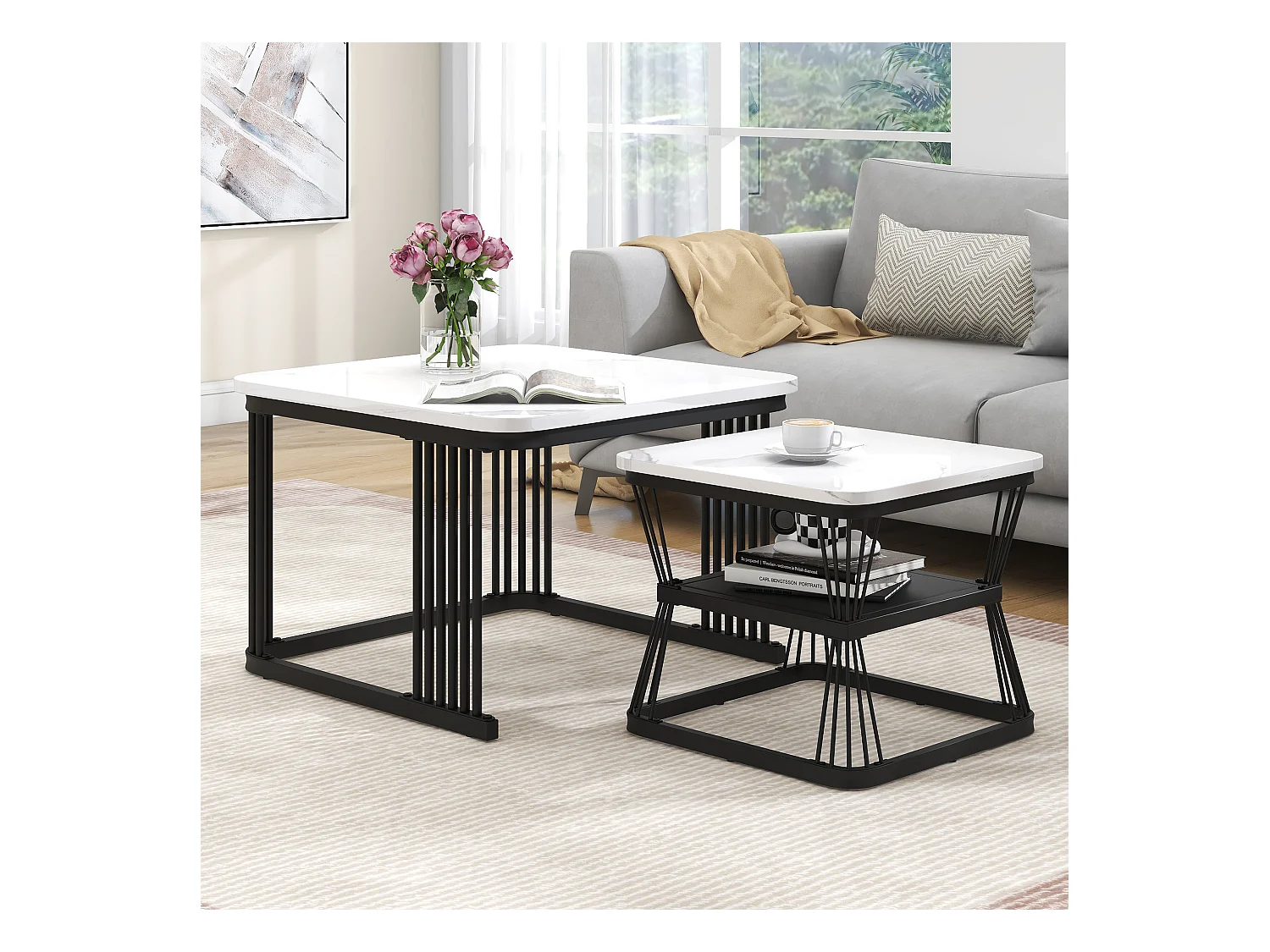 Zestaw 2 nowoczesnych stolików kawowych - 65 x 65 x 45 cm + 45 x 45 x 39 - wygląd marmuru - MDF - biały