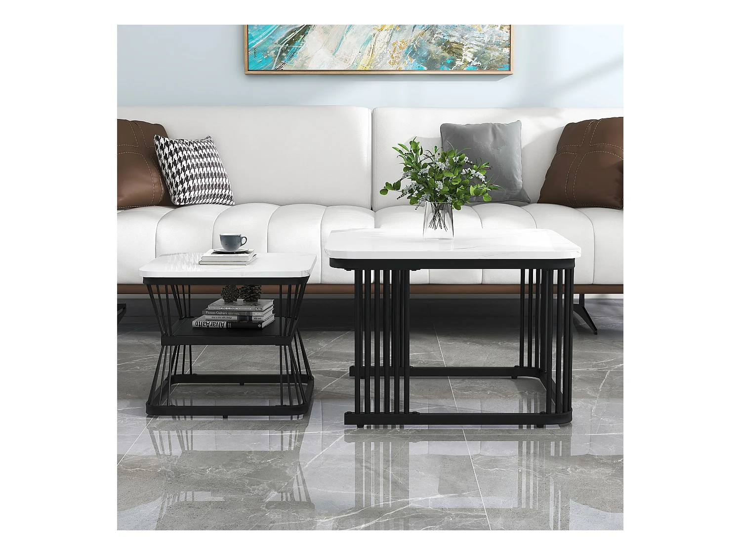 Zestaw 2 nowoczesnych stolików kawowych - 65 x 65 x 45 cm + 45 x 45 x 39 - wygląd marmuru - MDF - biały