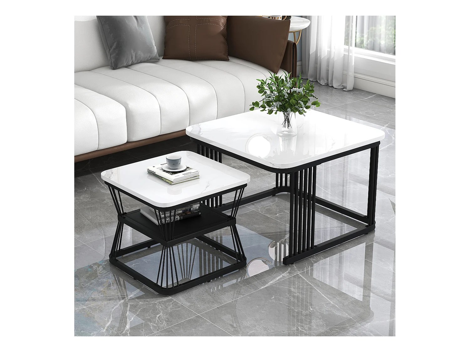 Set di 2 tavolini moderni - 65 x 65 x 45 cm + 45 x 45 x 39 - effetto marmo - MDF - bianco