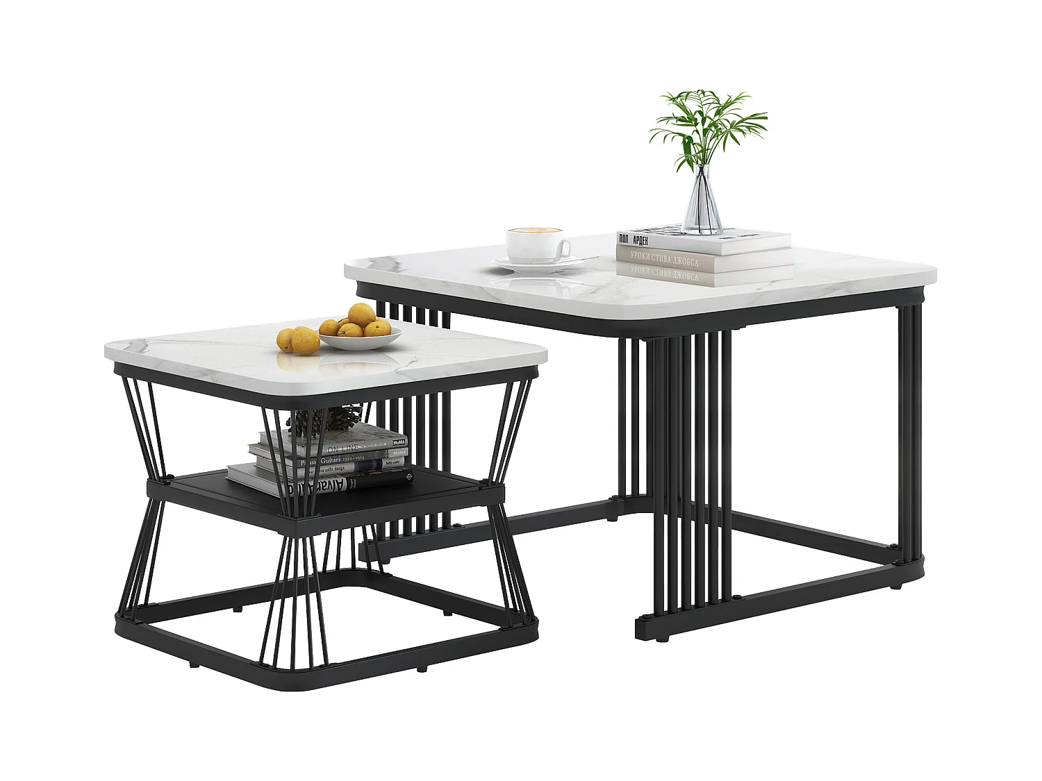 2er Set moderne Couchtische - 65 x 65 x 45 cm + 45 x 45 x 39 - Marmoroptik - MDF - weiß