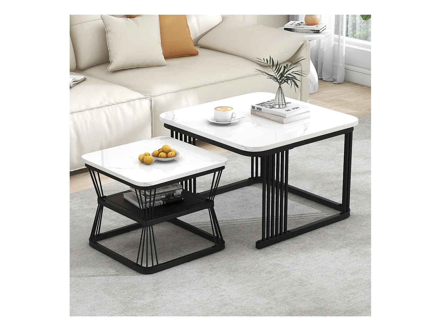 2er Set moderne Couchtische - 65 x 65 x 45 cm + 45 x 45 x 39 - Marmoroptik - MDF - weiß