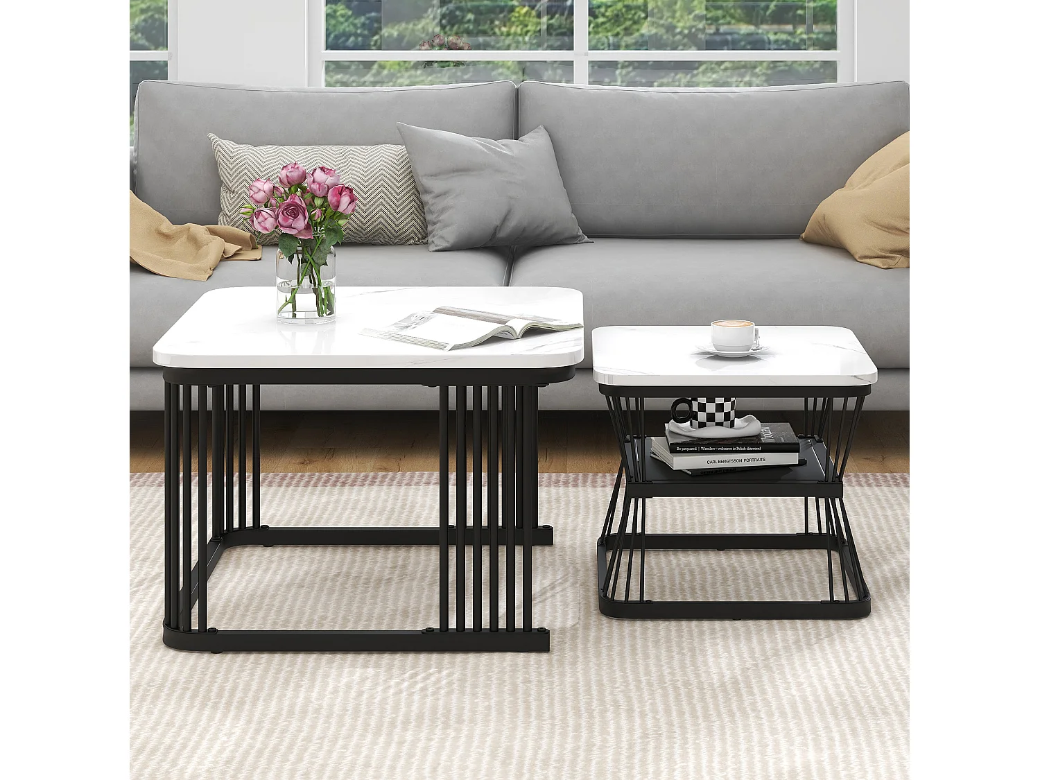 2er Set moderne Couchtische - 65 x 65 x 45 cm + 45 x 45 x 39 - Marmoroptik - MDF - weiß