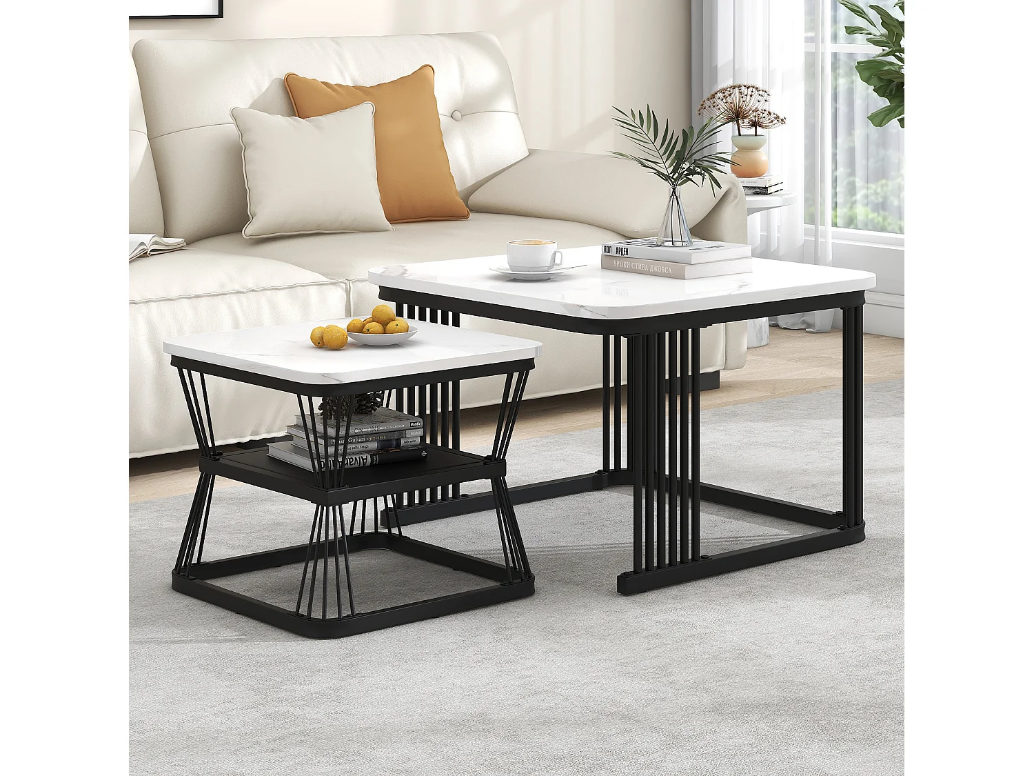 Conjunto de 2 mesas de centro modernas - 65 x 65 x 45 cm + 45 x 45 x 39 - aspecto mármol - MDF - blanco