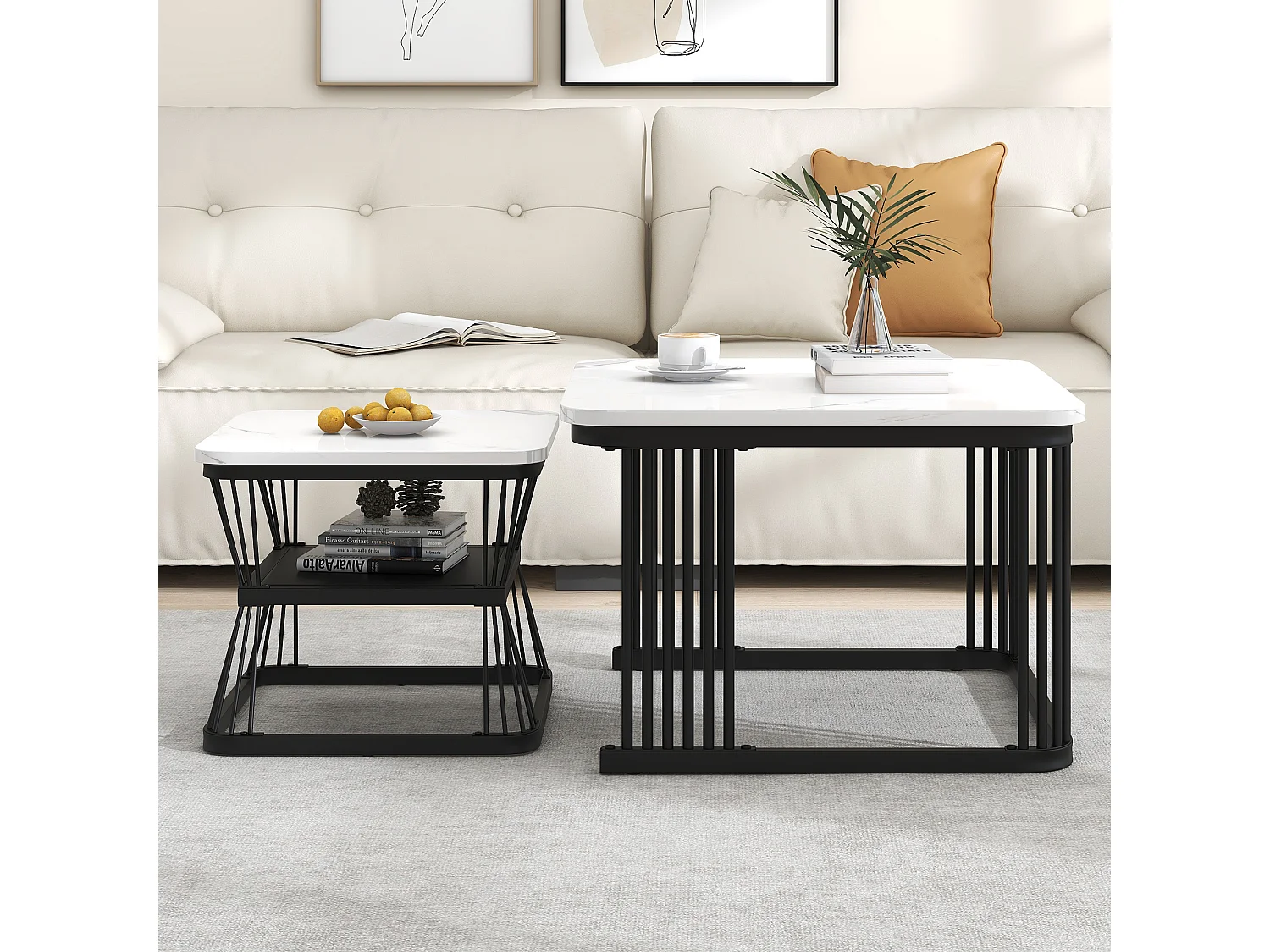 Conjunto de 2 mesas de centro modernas - 65 x 65 x 45 cm + 45 x 45 x 39 - aspecto mármol - MDF - blanco