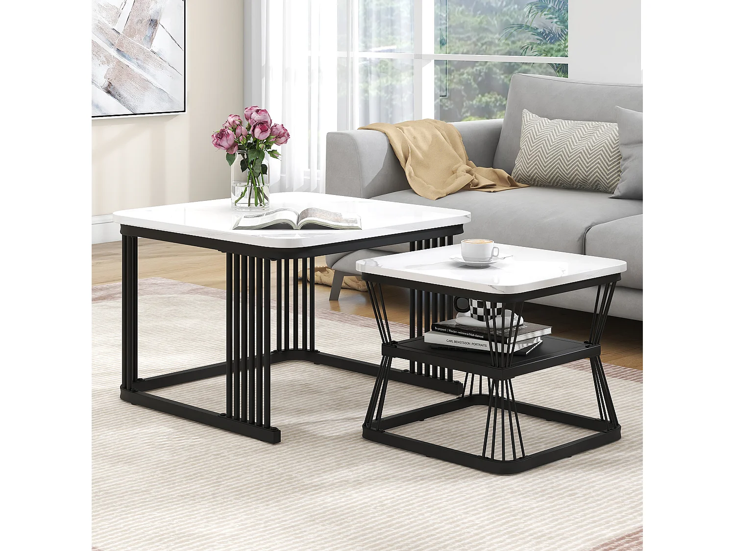 Conjunto de 2 mesas de centro modernas - 65 x 65 x 45 cm + 45 x 45 x 39 - aspecto mármol - MDF - blanco