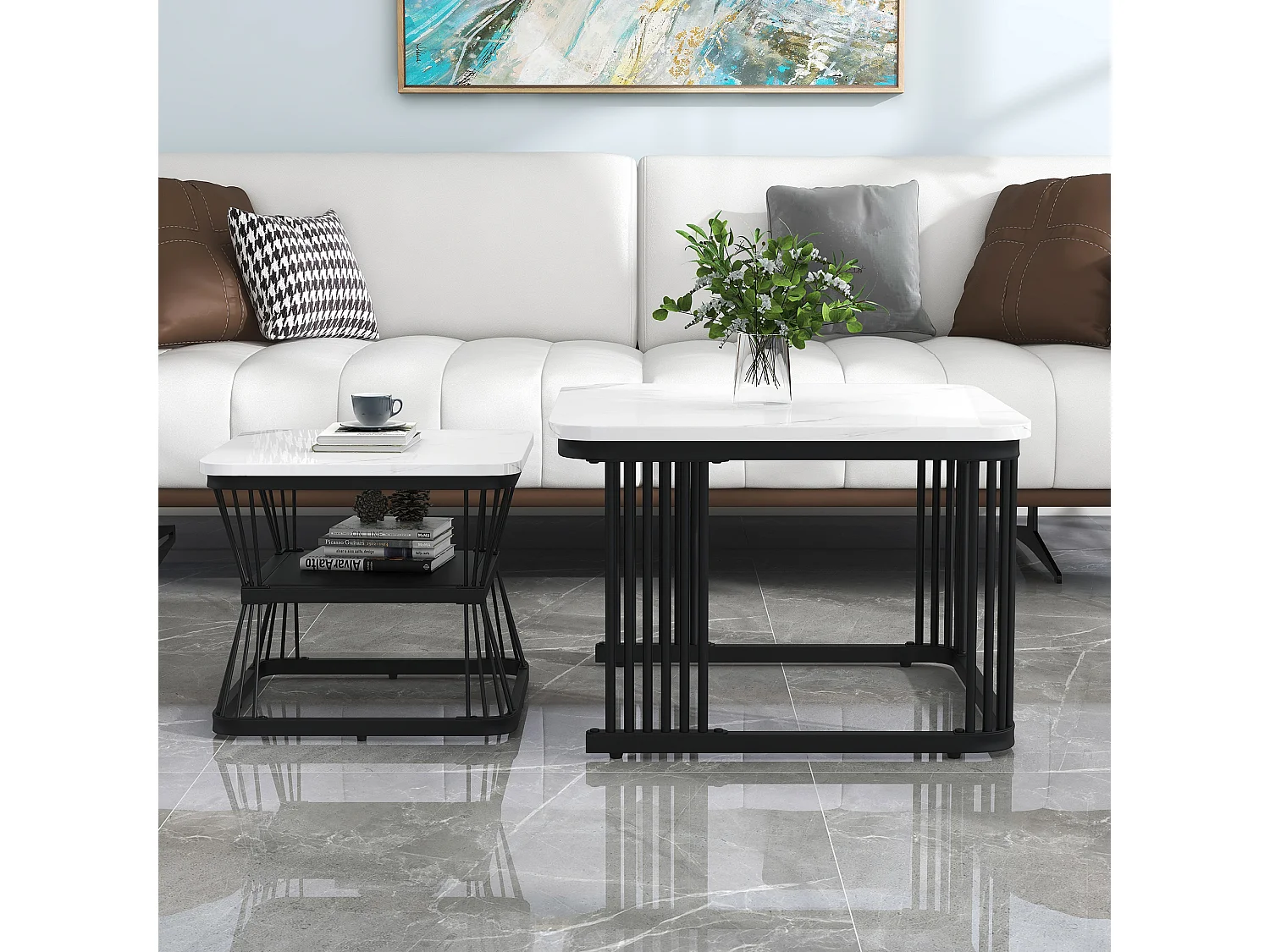 Conjunto de 2 mesas de centro modernas - 65 x 65 x 45 cm + 45 x 45 x 39 - aspecto mármol - MDF - blanco