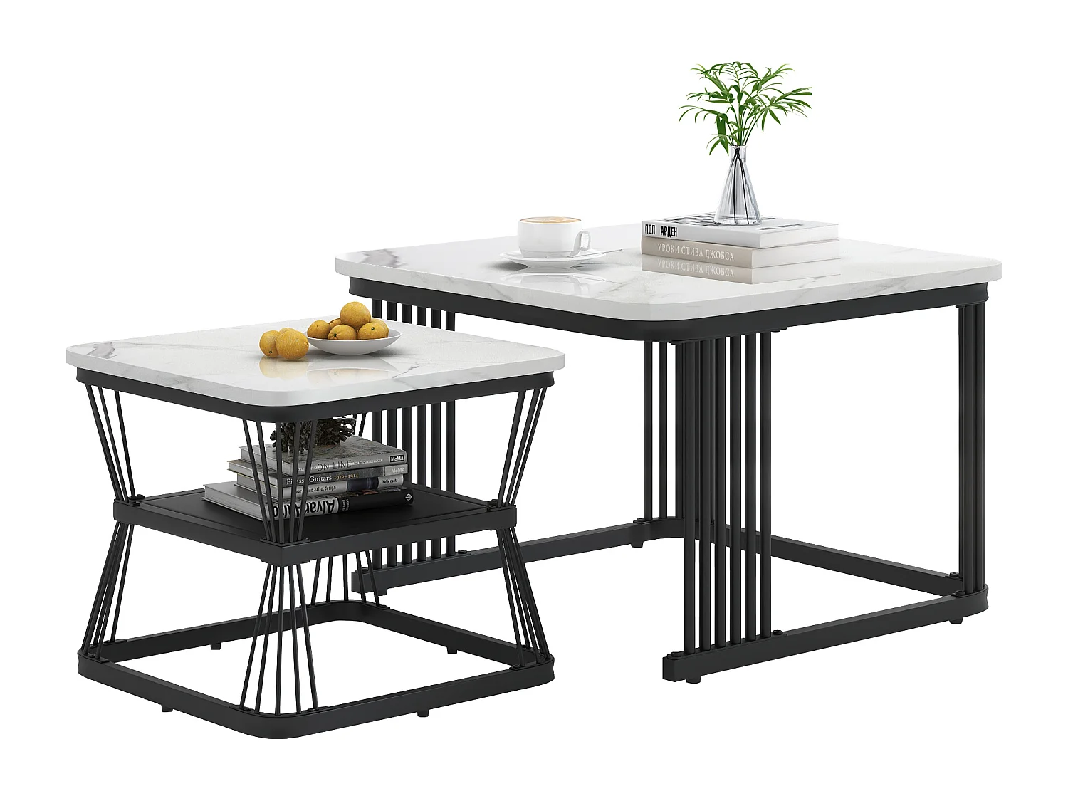 Conjunto de 2 mesas de centro modernas - 65 x 65 x 45 cm + 45 x 45 x 39 - aspecto mármol - MDF - blanco