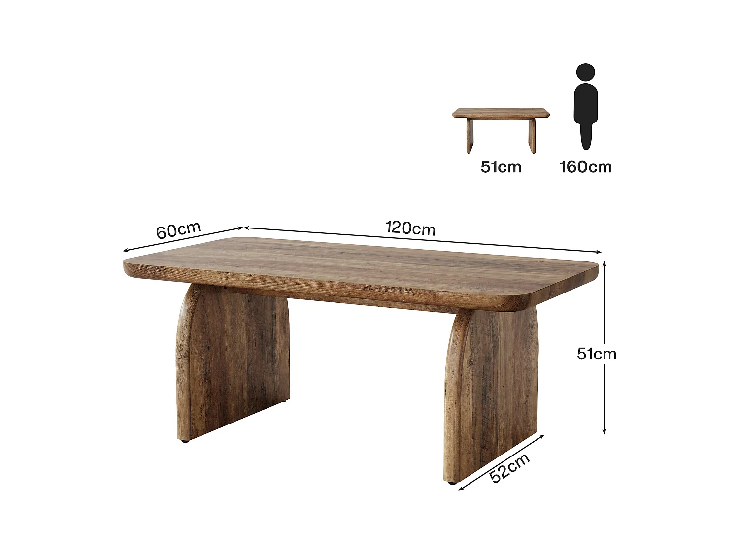 120 cm rechthoekige houten salontafel voor de woonkamer, salontafel in rustieke stijl met stevig onderstel en afgeronde hoeken