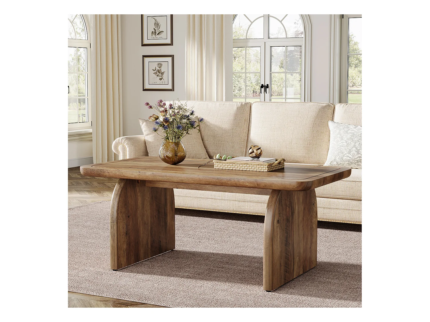 120 cm rechthoekige houten salontafel voor de woonkamer, salontafel in rustieke stijl met stevig onderstel en afgeronde hoeken