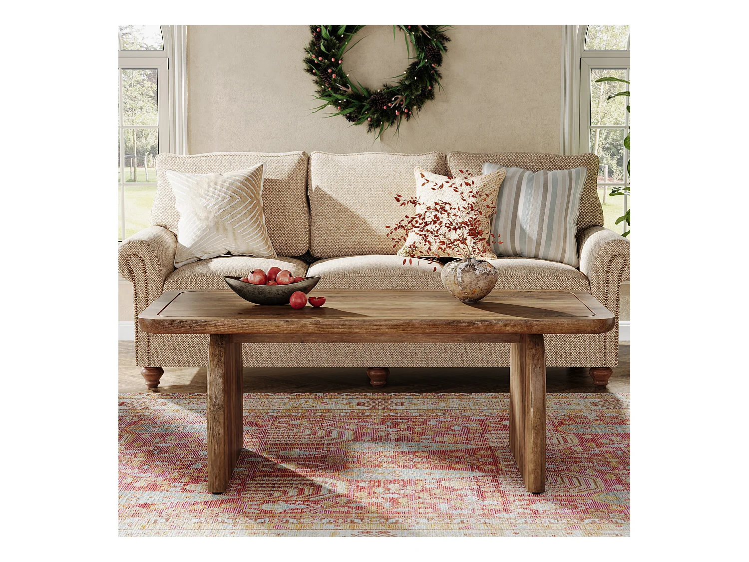 120 cm rechthoekige houten salontafel voor de woonkamer, salontafel in rustieke stijl met stevig onderstel en afgeronde hoeken