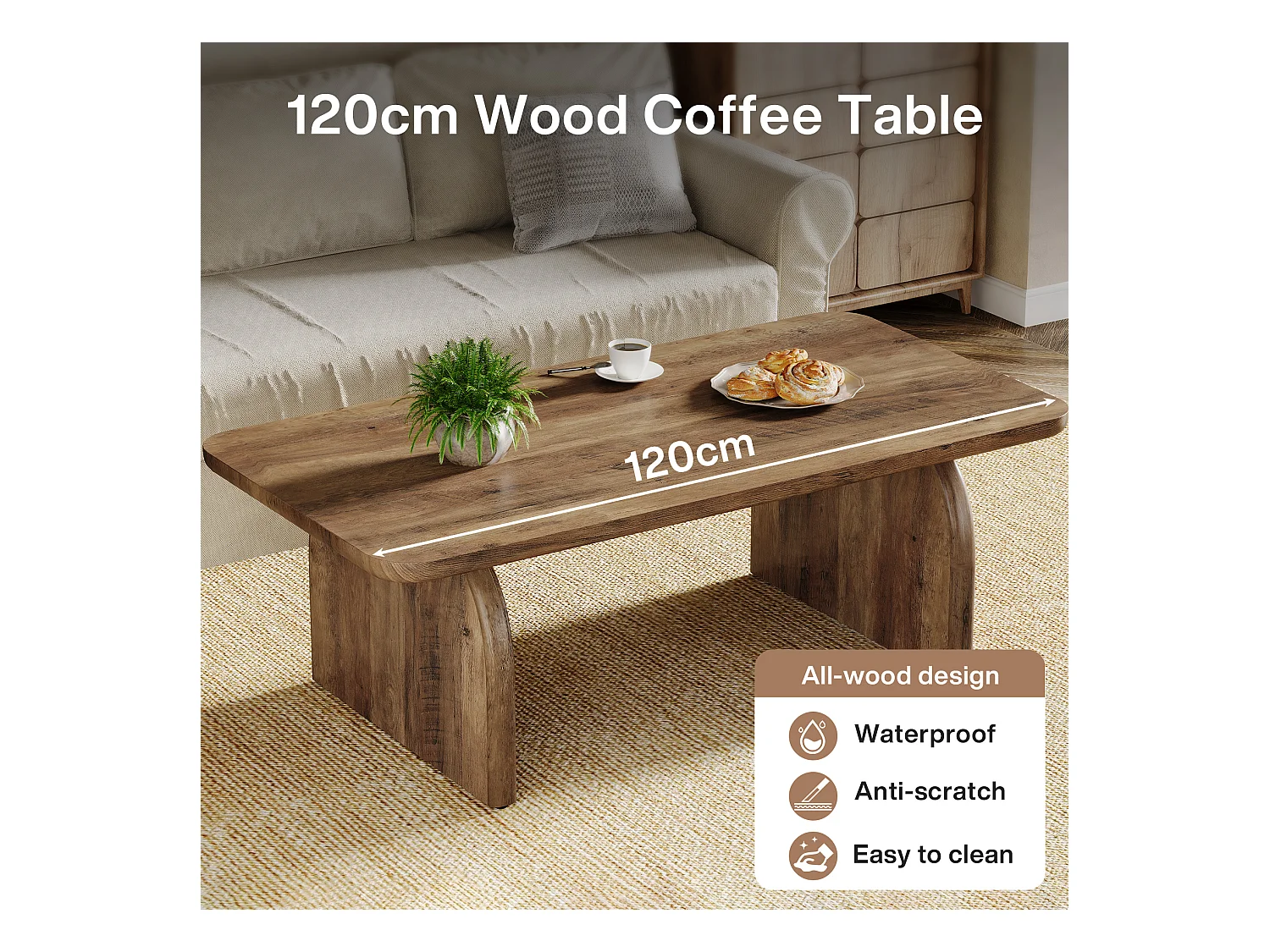 120 cm rechthoekige houten salontafel voor de woonkamer, salontafel in rustieke stijl met stevig onderstel en afgeronde hoeken