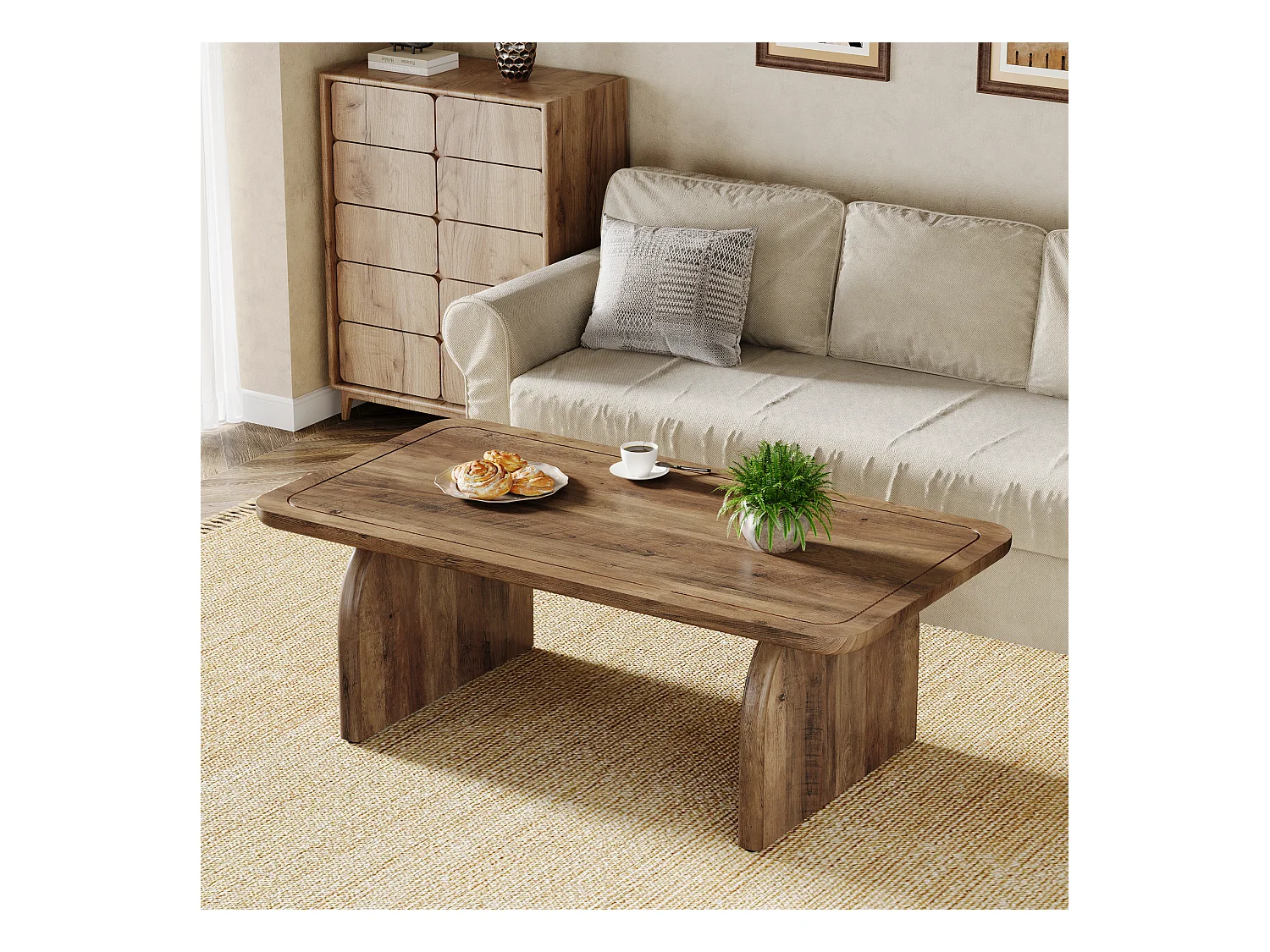 120 cm rechthoekige houten salontafel voor de woonkamer, salontafel in rustieke stijl met stevig onderstel en afgeronde hoeken