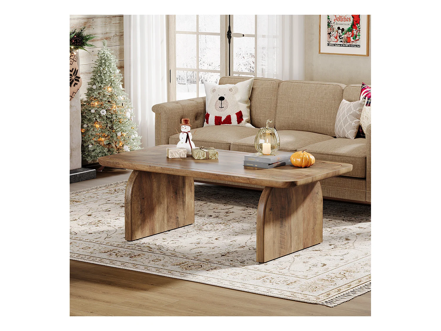 120 cm rechthoekige houten salontafel voor de woonkamer, salontafel in rustieke stijl met stevig onderstel en afgeronde hoeken