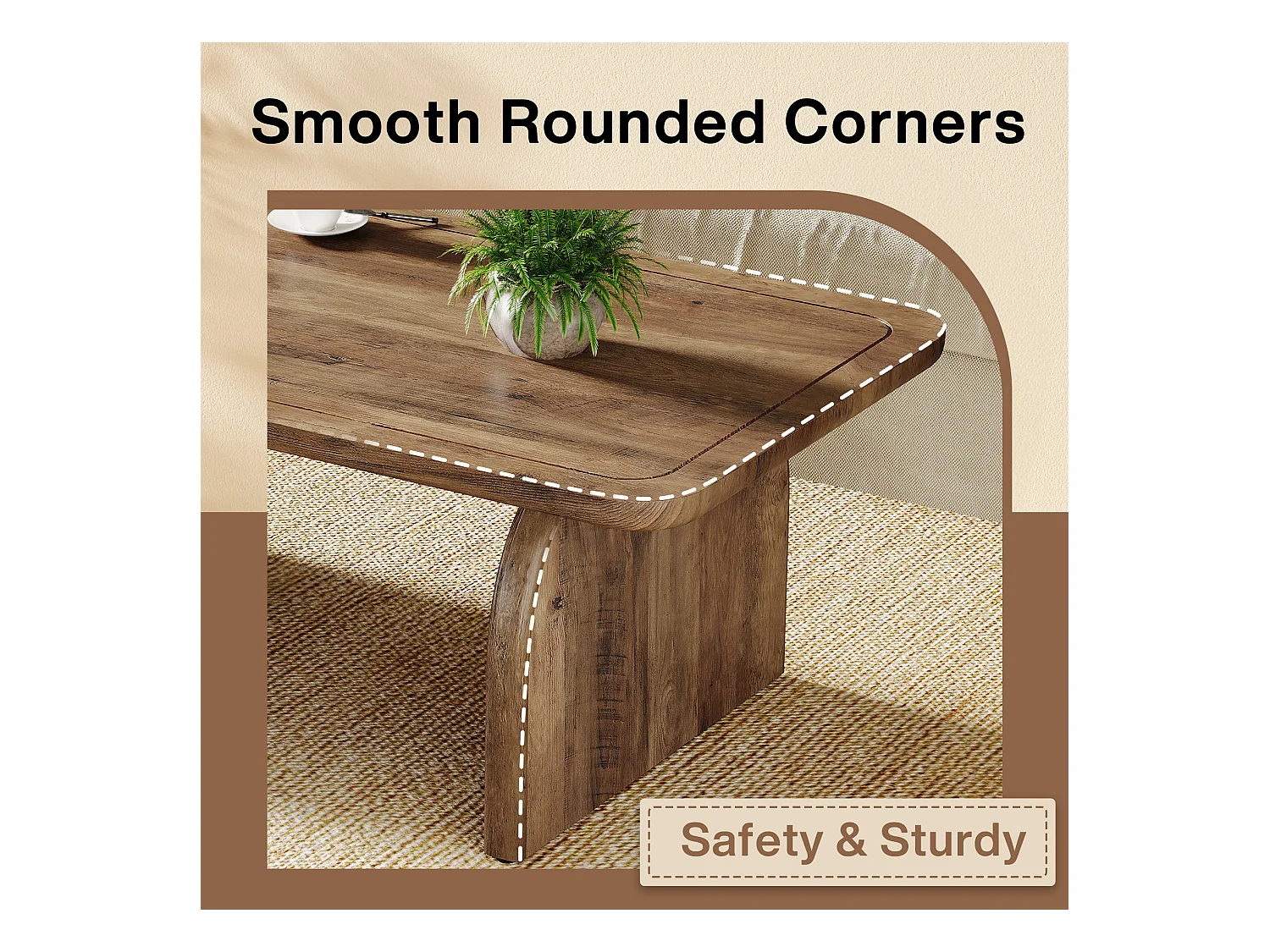 120 cm rechthoekige houten salontafel voor de woonkamer, salontafel in rustieke stijl met stevig onderstel en afgeronde hoeken