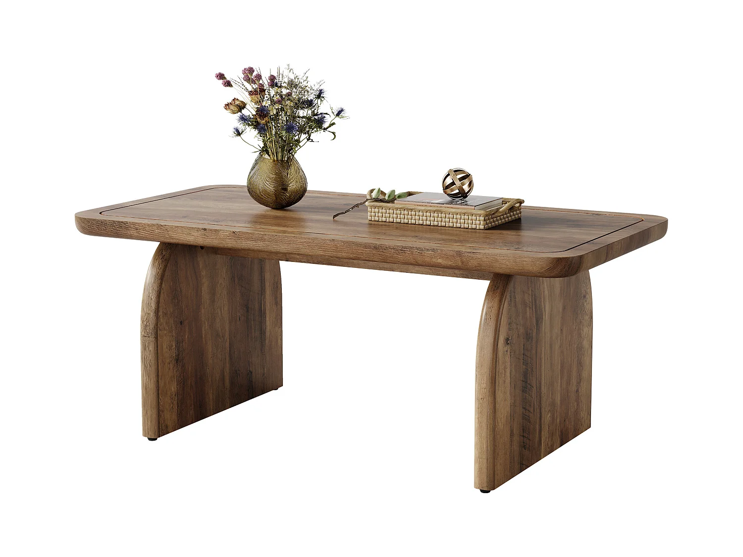 Table basse rectangulaire en bois de 119,4 cm pour salon, table basse de style rustique avec base robuste et coins arrondis, assemblage facile, marron rustique