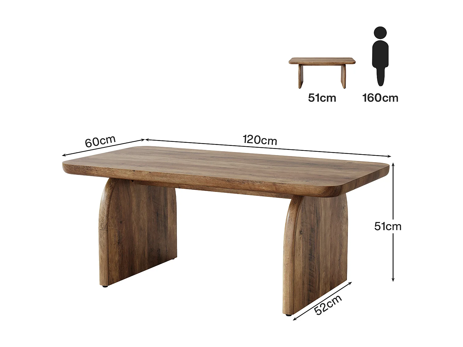 120 cm rechthoekige houten salontafel voor de woonkamer, salontafel in rustieke stijl met stevig onderstel en afgeronde hoeken