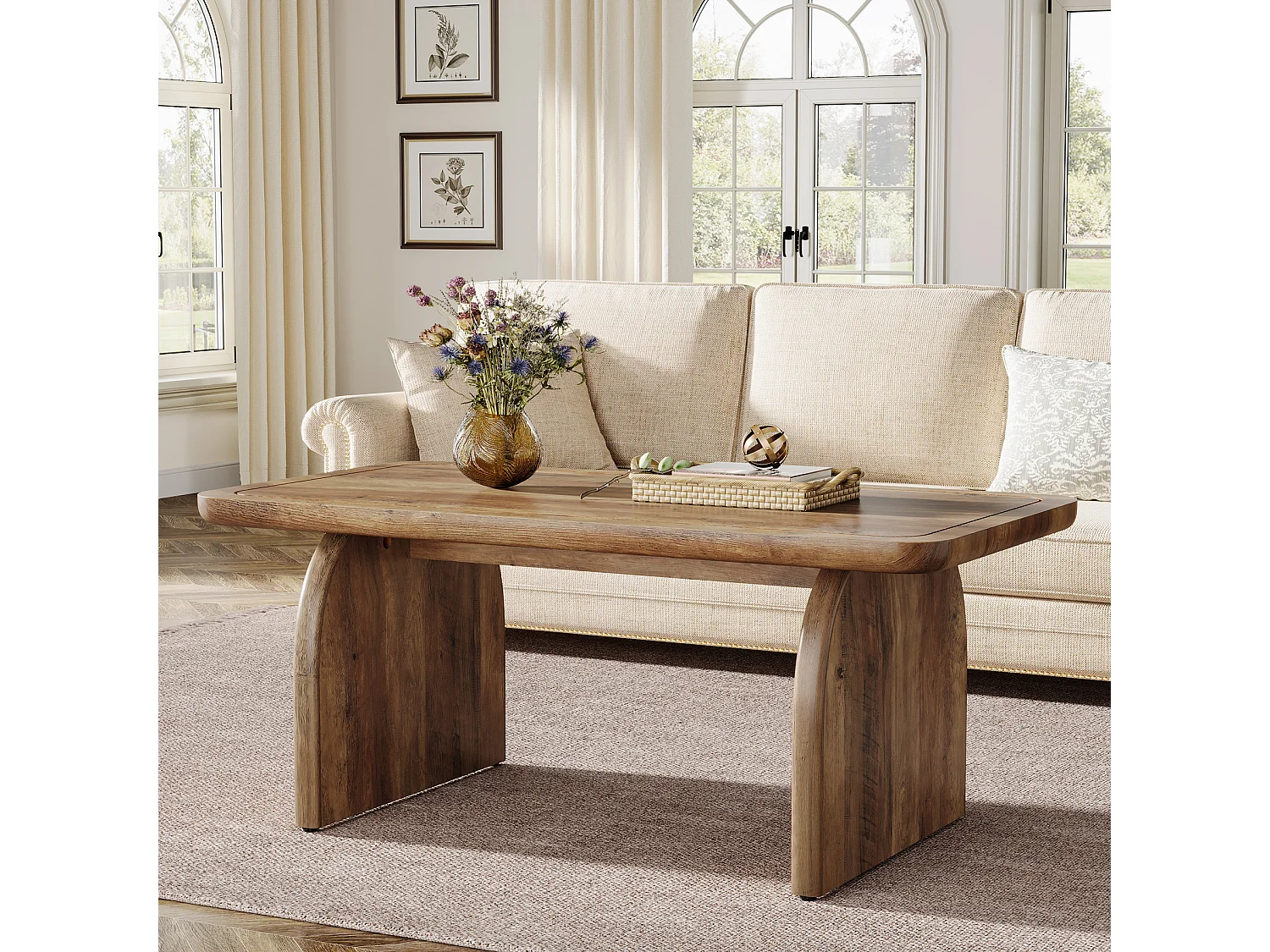 120 cm rechthoekige houten salontafel voor de woonkamer, salontafel in rustieke stijl met stevig onderstel en afgeronde hoeken