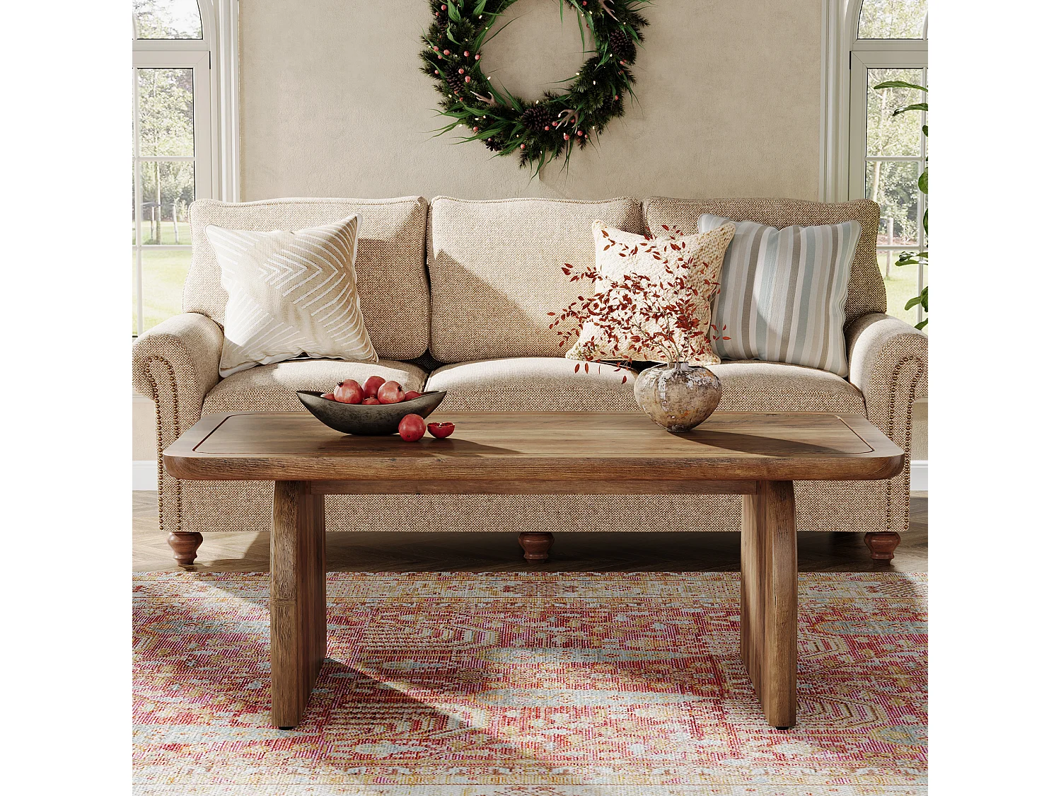 120 cm rechthoekige houten salontafel voor de woonkamer, salontafel in rustieke stijl met stevig onderstel en afgeronde hoeken