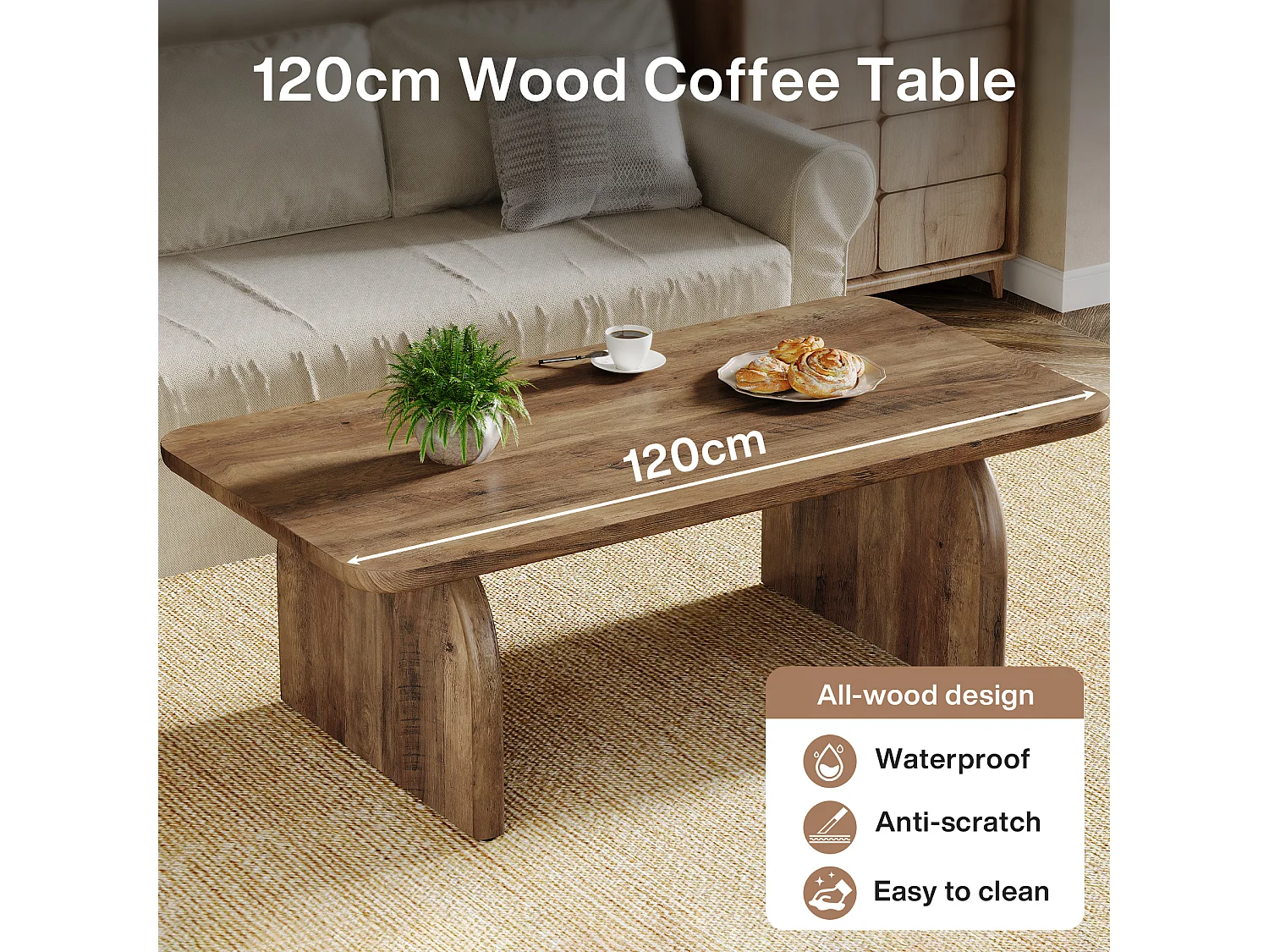 120 cm rechthoekige houten salontafel voor de woonkamer, salontafel in rustieke stijl met stevig onderstel en afgeronde hoeken