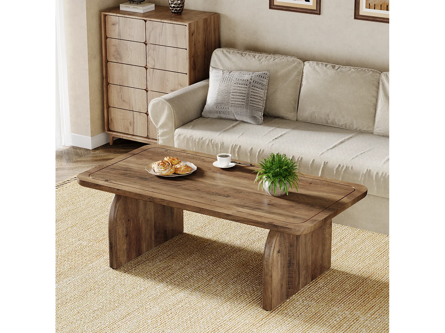 120 cm rechthoekige houten salontafel voor de woonkamer, salontafel in rustieke stijl met stevig onderstel en afgeronde hoeken