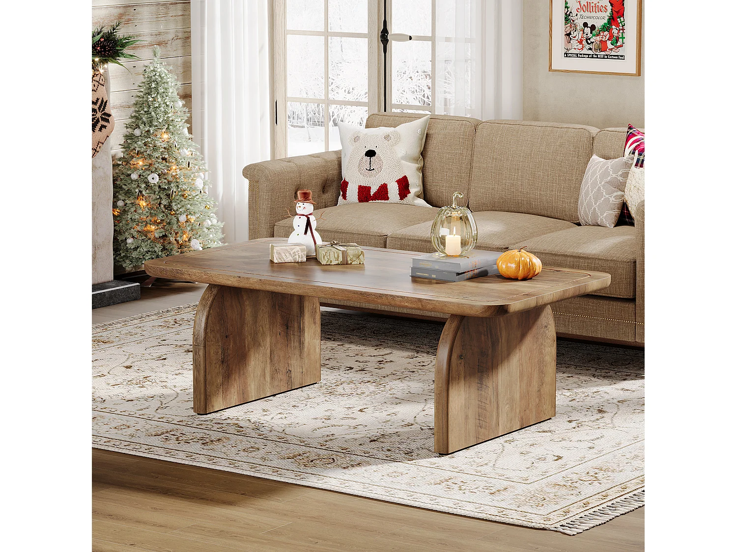 120 cm rechthoekige houten salontafel voor de woonkamer, salontafel in rustieke stijl met stevig onderstel en afgeronde hoeken