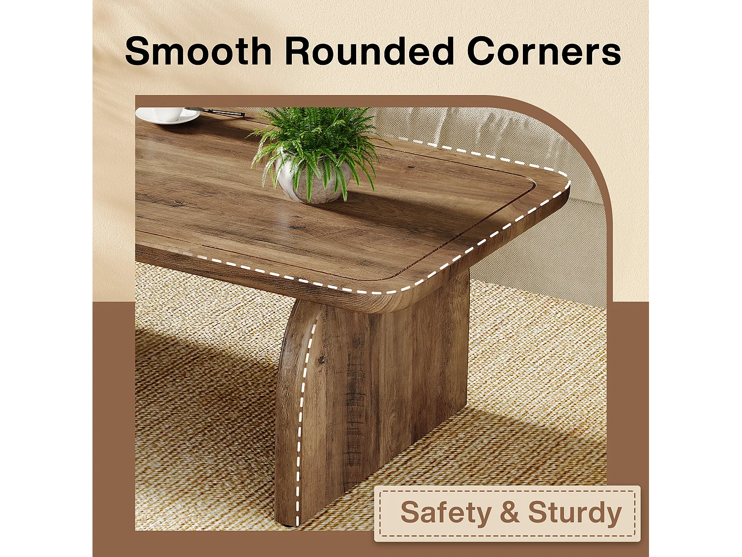 120 cm rechthoekige houten salontafel voor de woonkamer, salontafel in rustieke stijl met stevig onderstel en afgeronde hoeken