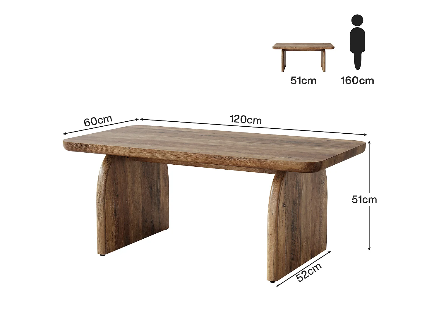 120 cm rechthoekige houten salontafel voor de woonkamer, salontafel in rustieke stijl met stevig onderstel en afgeronde hoeken