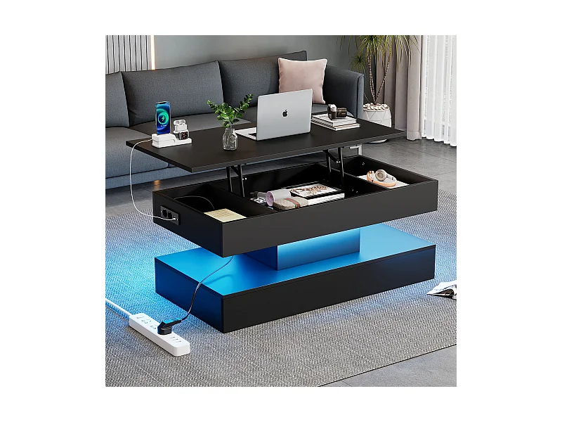 Moderner Couchtisch mit LEDs - 100 x 50 x 42 - Beistelltisch mit Lift und Ablage - Spanplatte - Weiß