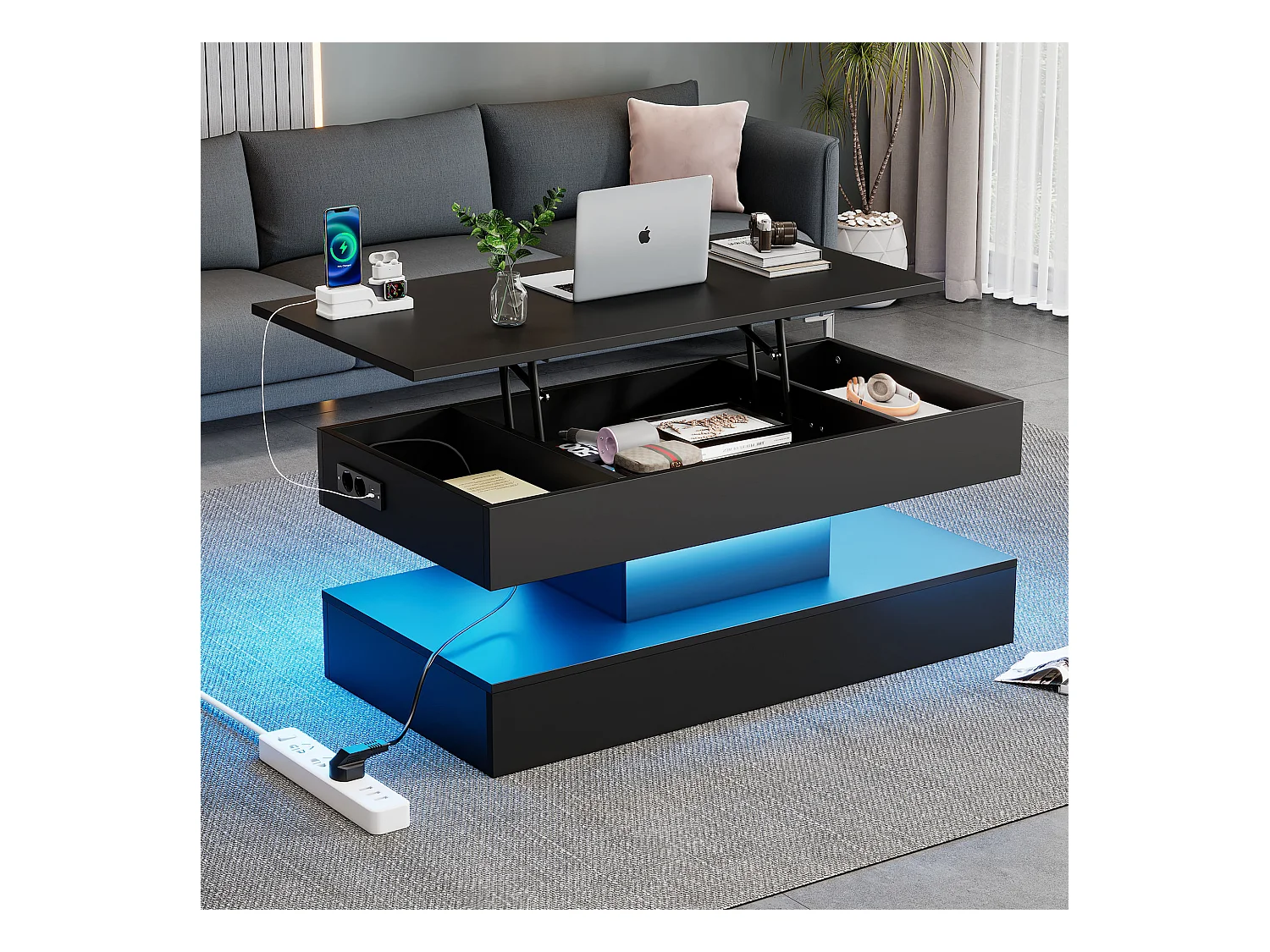 Table basse moderne avec Leds - 100 x 50 x 42 - table d'appoint avec élévateur et rangement - aggloméré - noir
