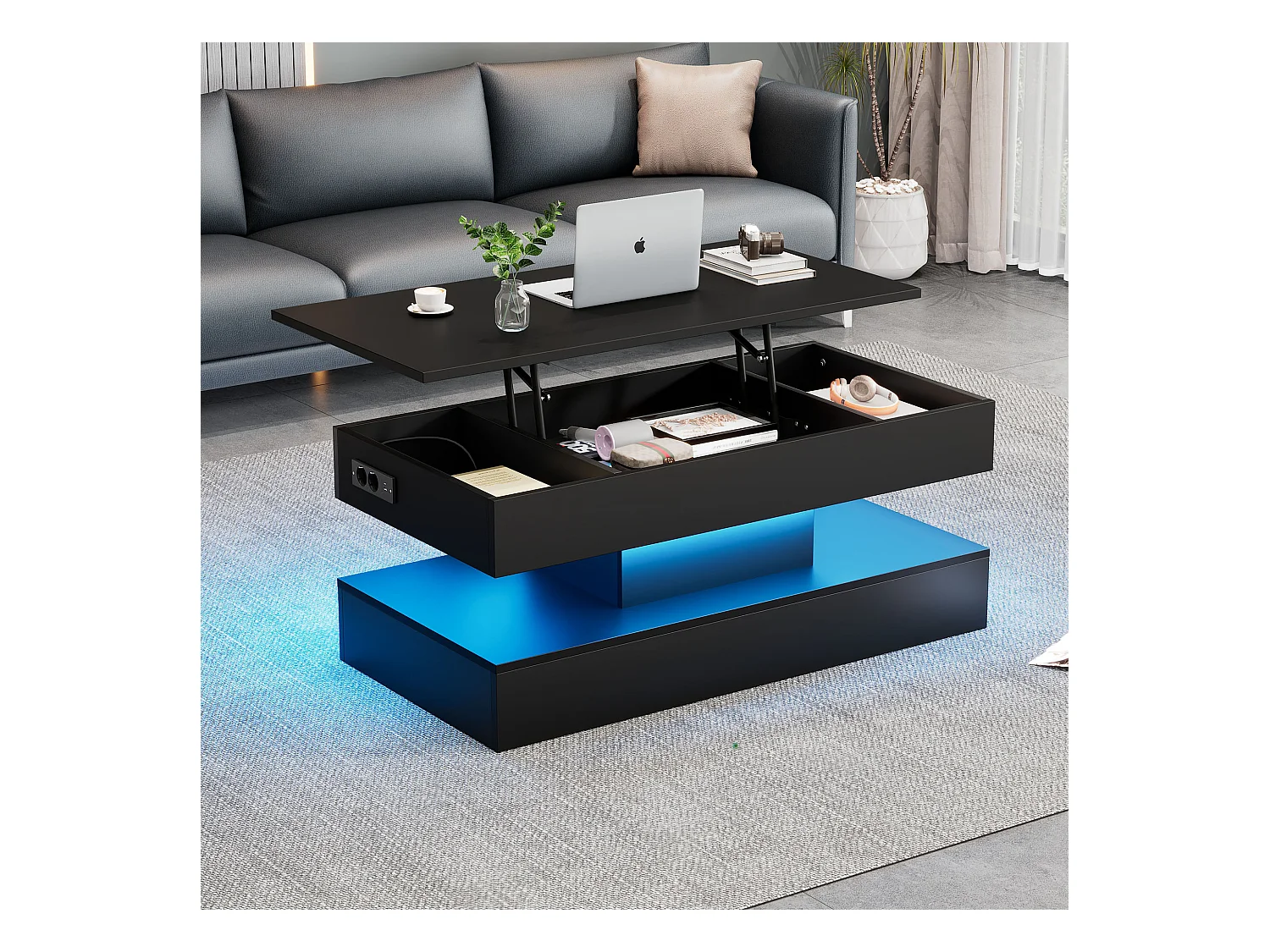 Table basse moderne avec Leds - 100 x 50 x 42 - table d'appoint avec élévateur et rangement - aggloméré - noir