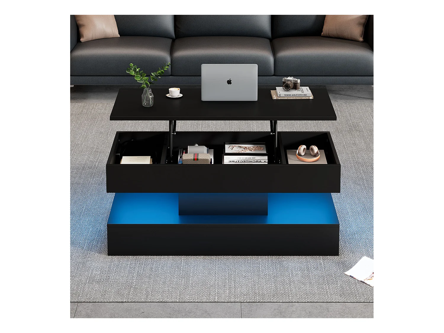 Table basse moderne avec Leds - 100 x 50 x 42 - table d'appoint avec élévateur et rangement - aggloméré - noir