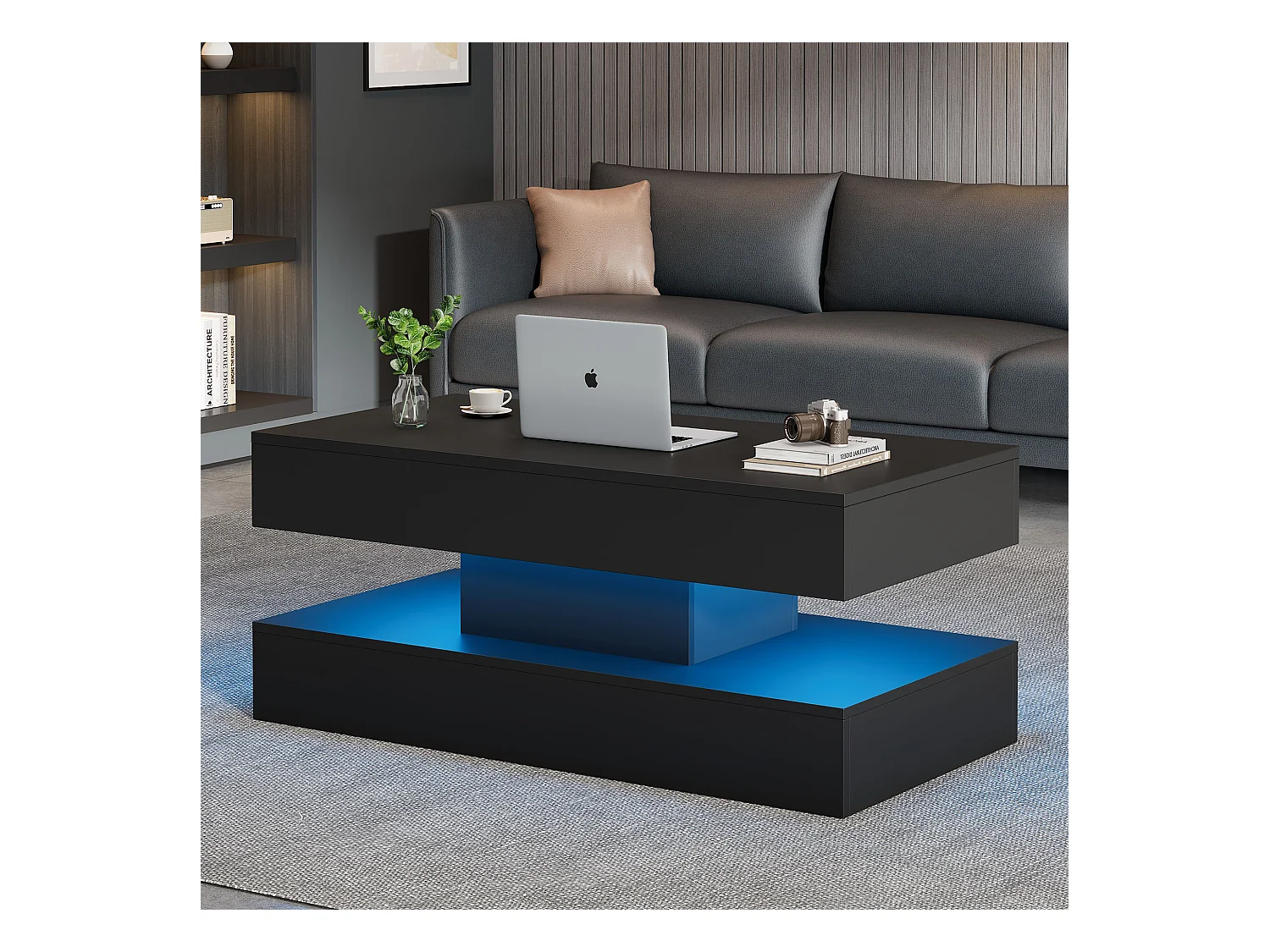 Table basse moderne avec Leds - 100 x 50 x 42 - table d'appoint avec élévateur et rangement - aggloméré - noir