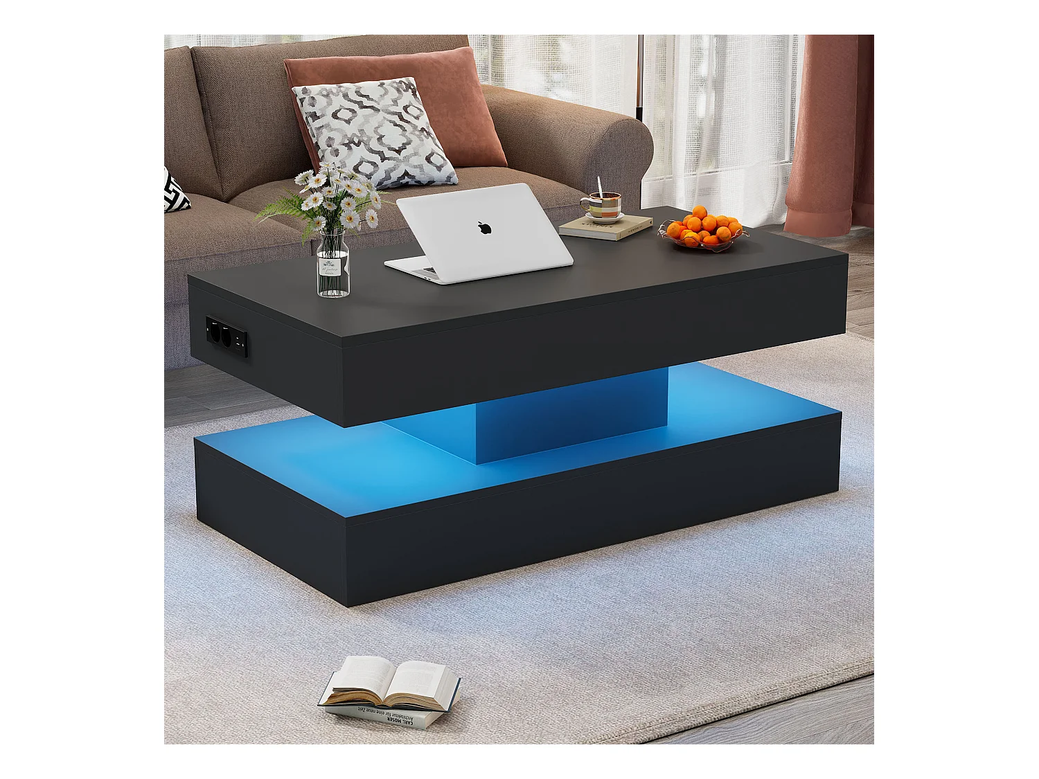 Table basse moderne avec Leds - 100 x 50 x 42 - table d'appoint avec élévateur et rangement - aggloméré - noir