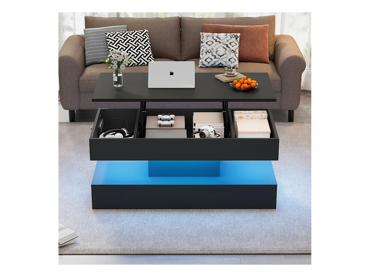 Table basse moderne avec Leds - 100 x 50 x 42 - table d'appoint avec élévateur et rangement - aggloméré - noir