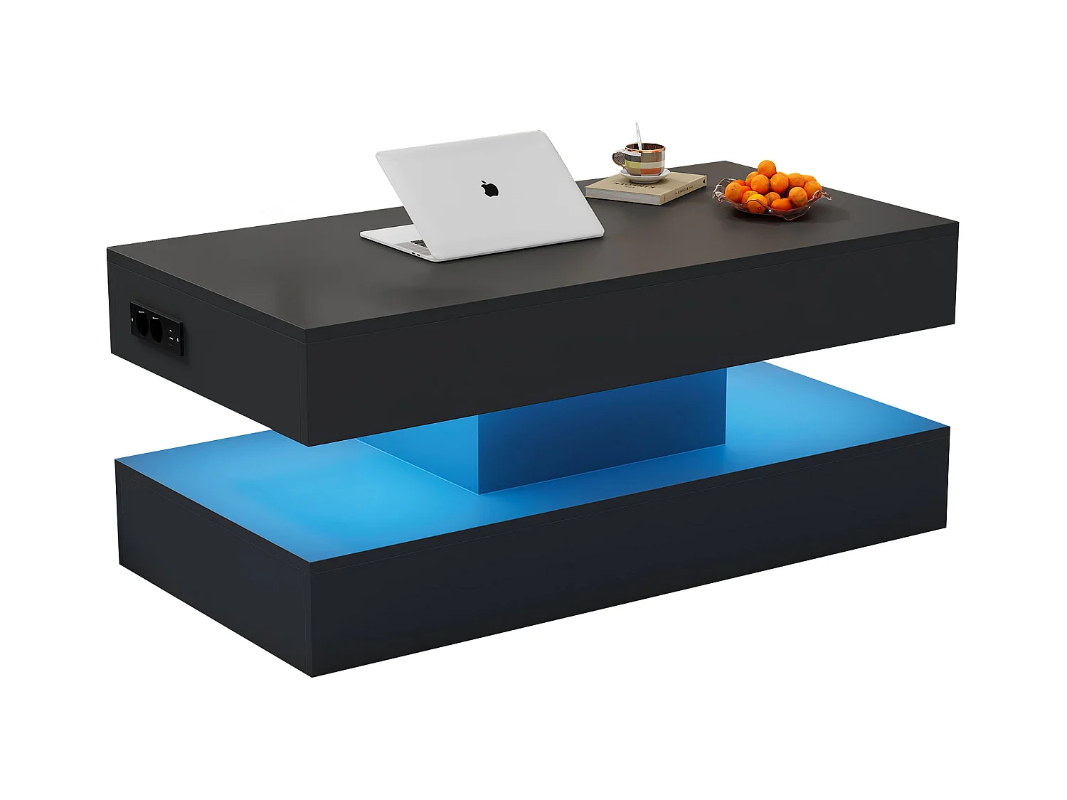 Table basse moderne avec Leds - 100 x 50 x 42 - table d'appoint avec élévateur et rangement - aggloméré - noir