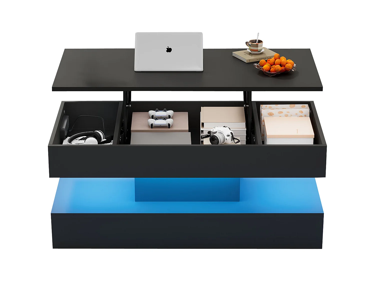 Table basse moderne avec Leds - 100 x 50 x 42 - table d'appoint avec élévateur et rangement - aggloméré - noir