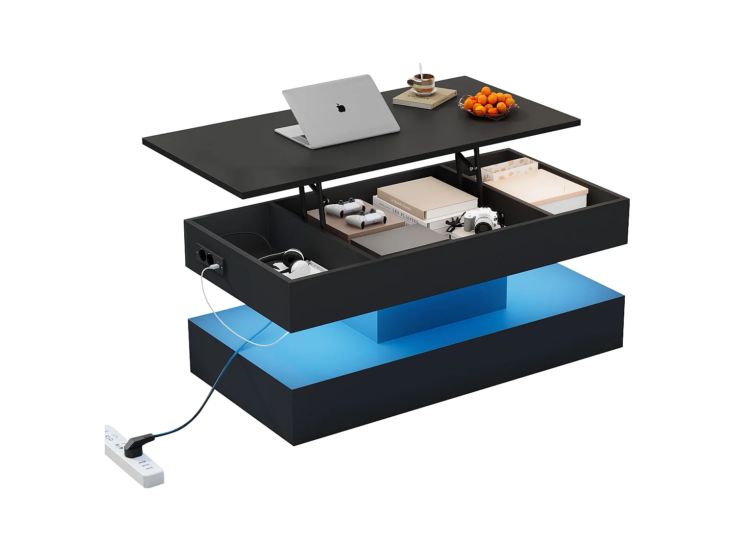 Table basse moderne avec Leds - 100 x 50 x 42 - table d'appoint avec élévateur et rangement - aggloméré - noir