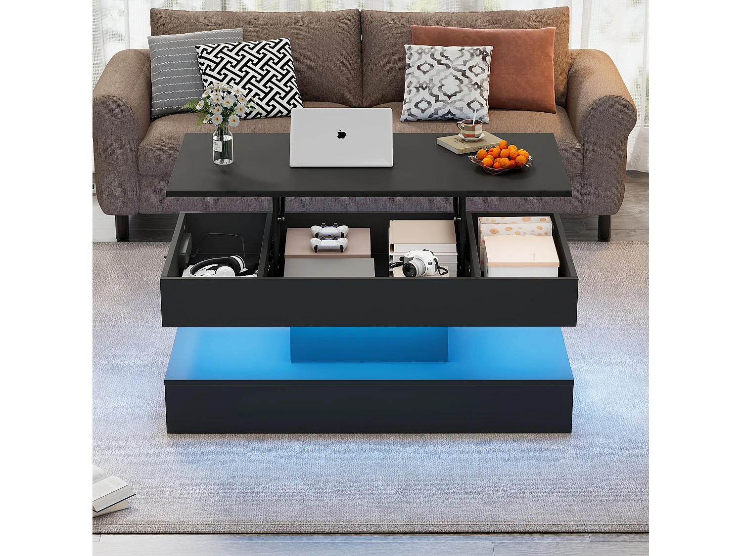 Tavolino moderno con LED - 100 x 50 x 42 - tavolino laterale con alzata e contenitore - truciolato - bianco