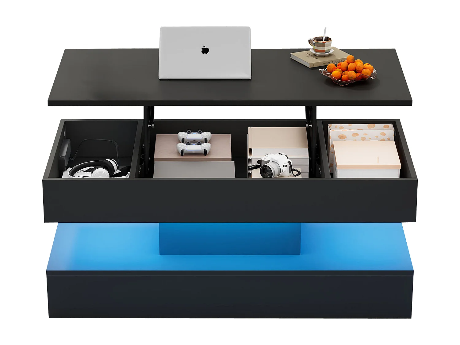 Tavolino moderno con LED - 100 x 50 x 42 - tavolino laterale con alzata e contenitore - truciolato - bianco