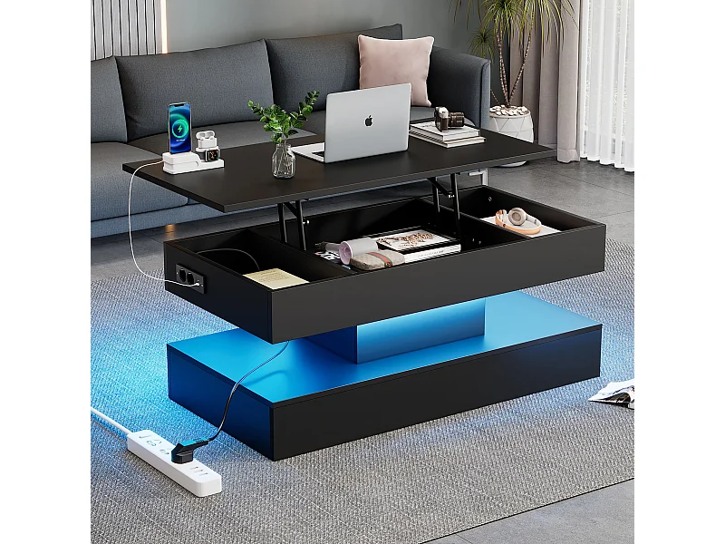 Table basse moderne avec Leds - 100 x 50 x 42 - table d'appoint avec élévateur et rangement - aggloméré - noir