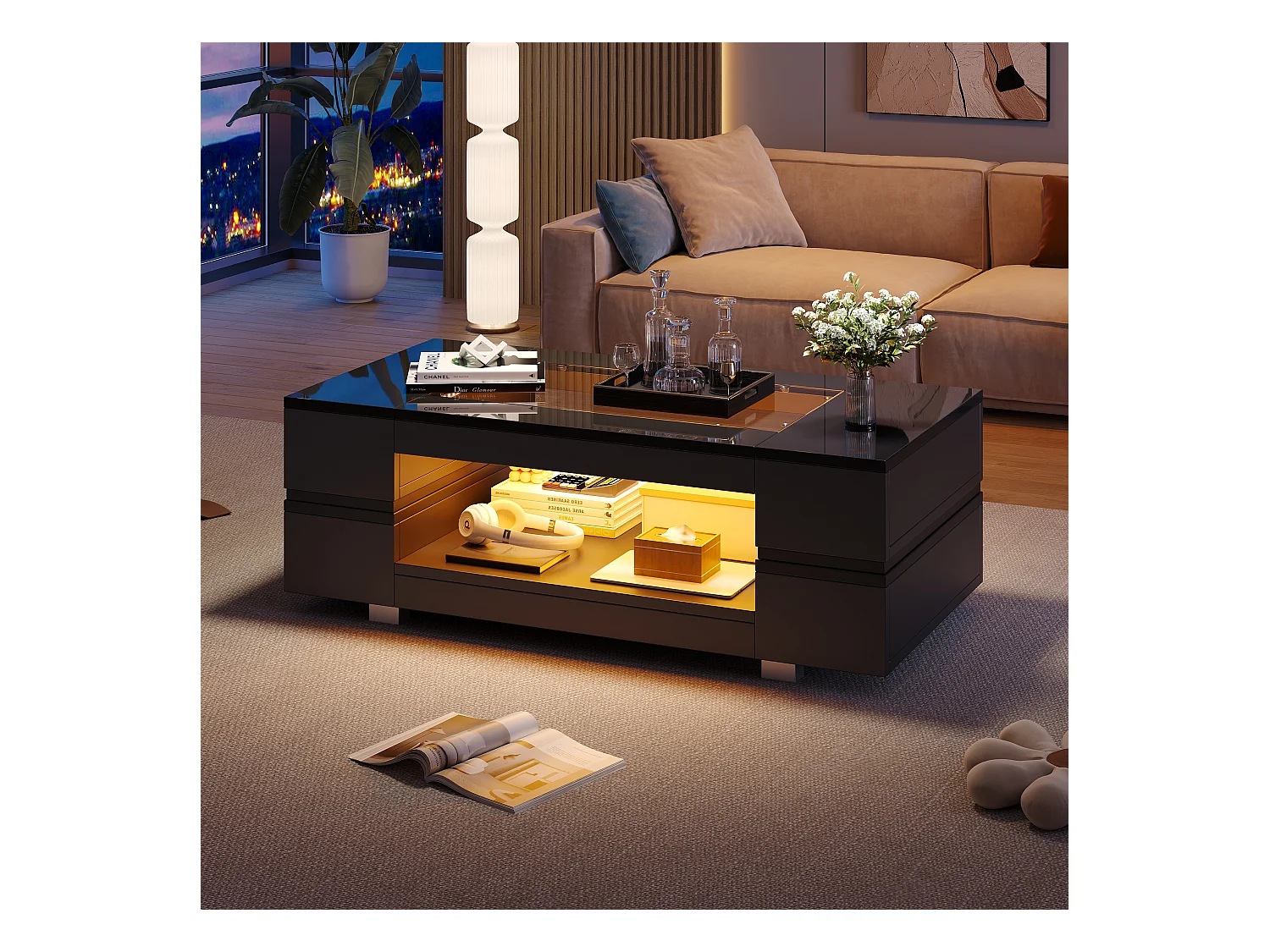 Table basse avec Leds - 100 x 50 x 35 cm - Table à double couche avec Bluetooth - Aggloméré + verre trempé - noir
