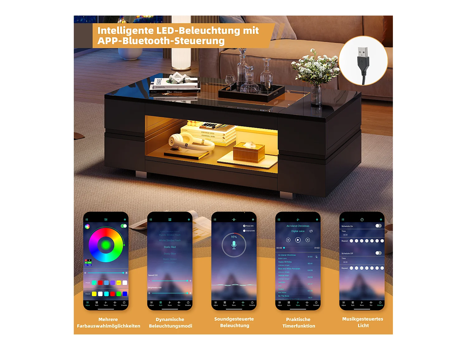 Table basse avec Leds - 100 x 50 x 35 cm - Table à double couche avec Bluetooth - Aggloméré + verre trempé - noir