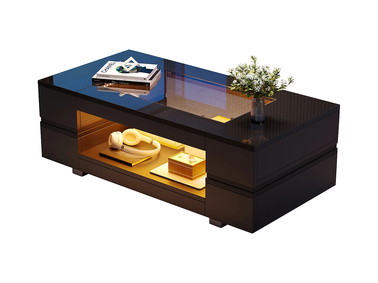 Table basse avec Leds - 100 x 50 x 35 cm - Table à double couche avec Bluetooth - Aggloméré + verre trempé - noir
