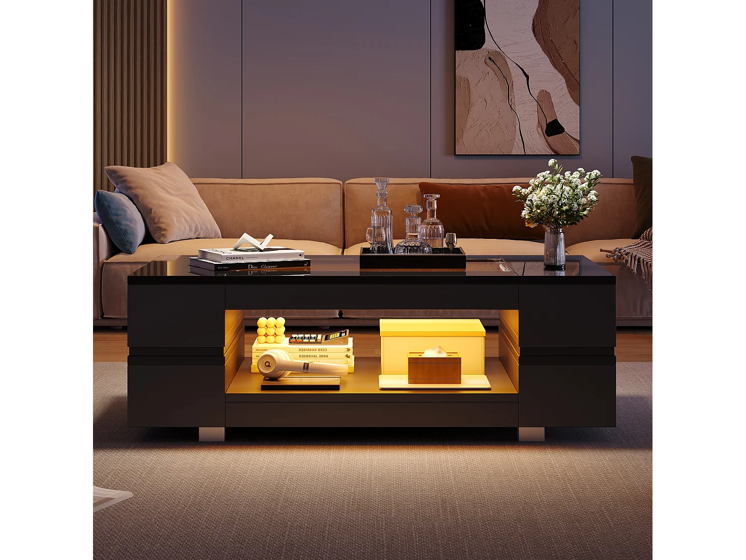 Tavolino con LED - 100 x 50 x 35 cm - Tavolo a doppio strato con Bluetooth - Truciolato + vetro temperato - nero