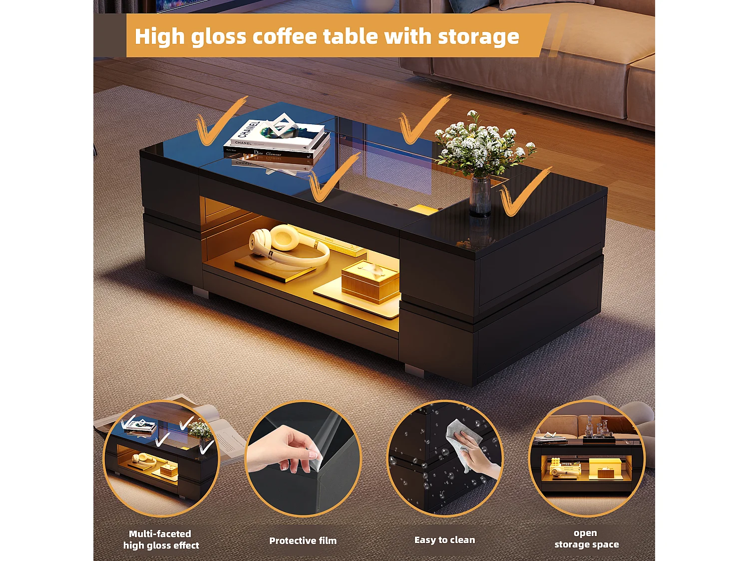 Tavolino con LED - 100 x 50 x 35 cm - Tavolo a doppio strato con Bluetooth - Truciolato + vetro temperato - nero