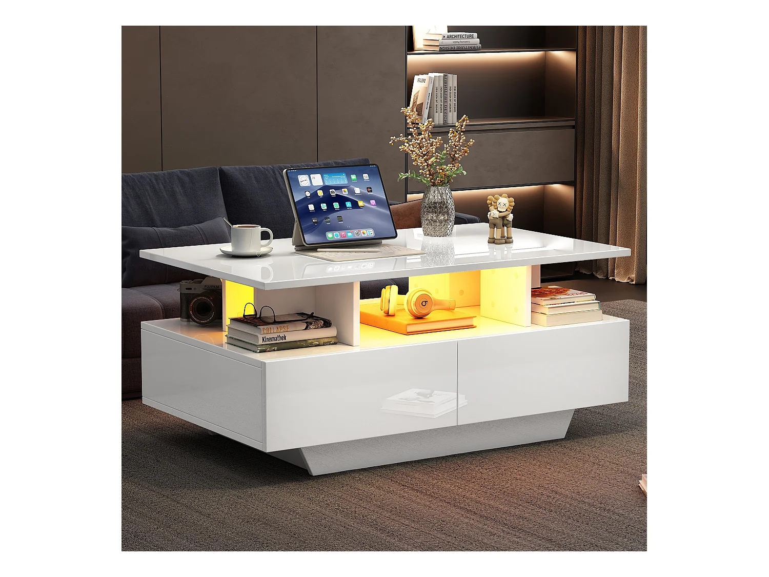 Tavolino 90x55 cm con LED, cassetto e ripiano, superficie laccata bianca