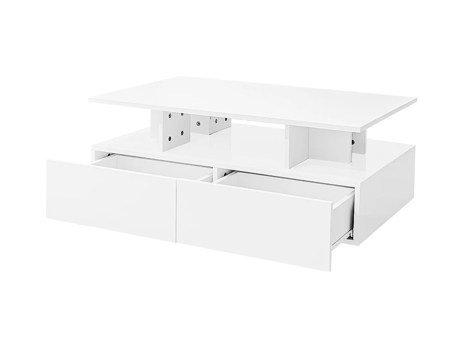 Tavolino 90x55 cm con LED, cassetto e ripiano, superficie laccata bianca